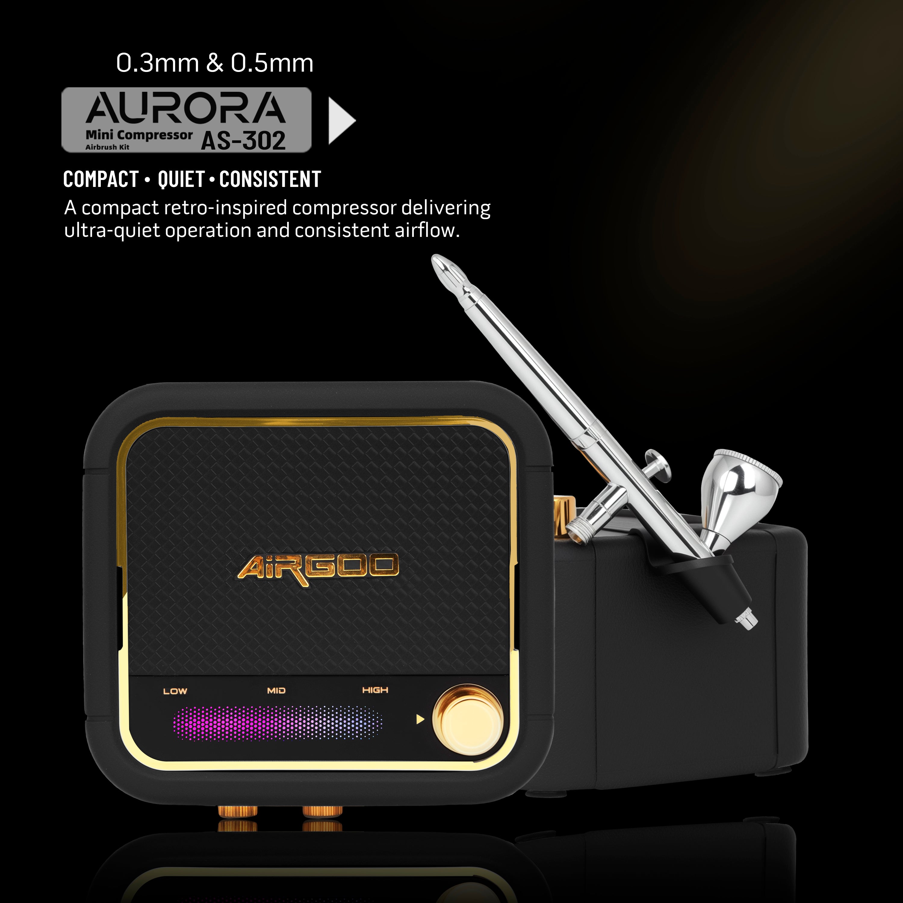 Airgoo Mini Airbrush Compressor Kit Aurora with AG-216B 0.3mm/0.5mm Nozzle