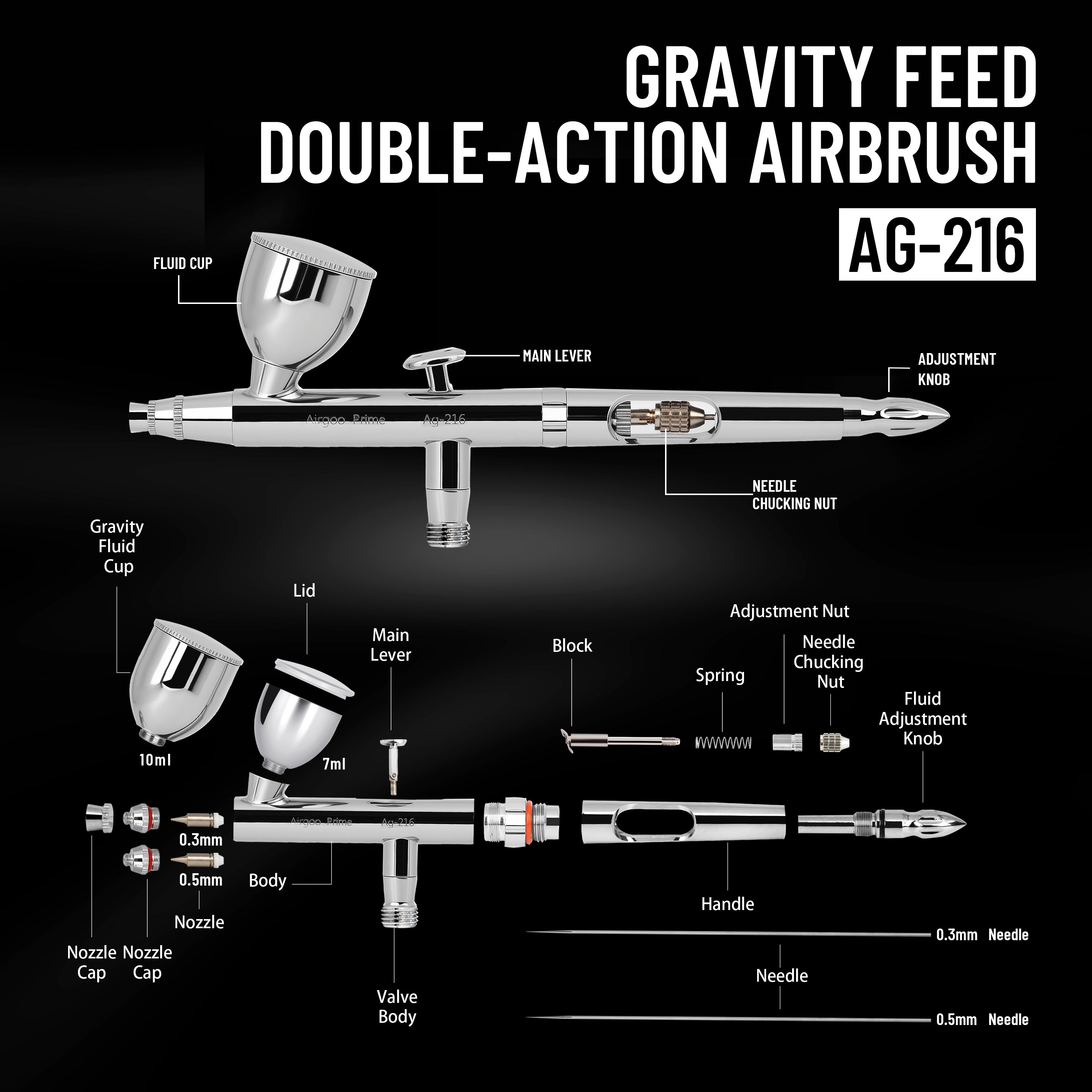 Airgoo Prime Series Dual Action Gravity Feed Airbrush AG-216 with 0.3mm/0.5mm Nozzle