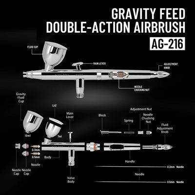Airgoo Prime Series Dual Action Gravity Feed Airbrush AG-216 with 0.3mm/0.5mm Nozzle