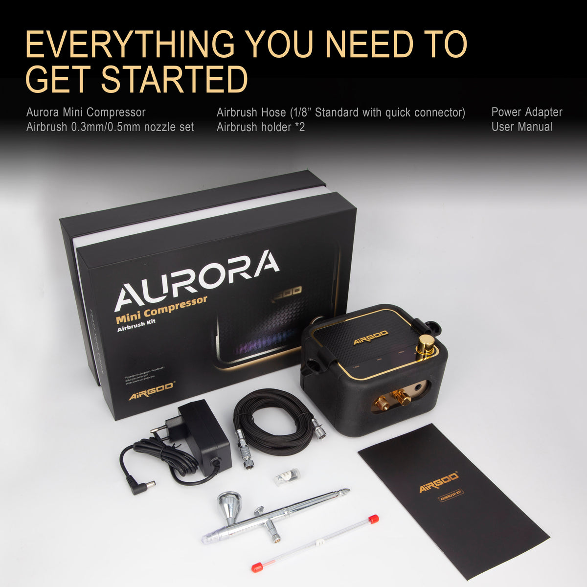 Airgoo Mini Airbrush Compressor Kit Aurora with AG-216B 0.3mm/0.5mm Nozzle