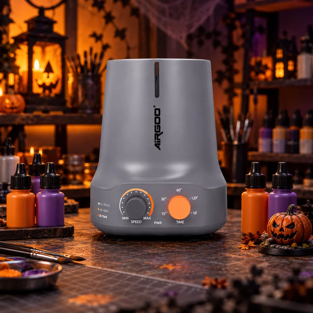 Airgoo paint mixer on a Halloween painting bench
